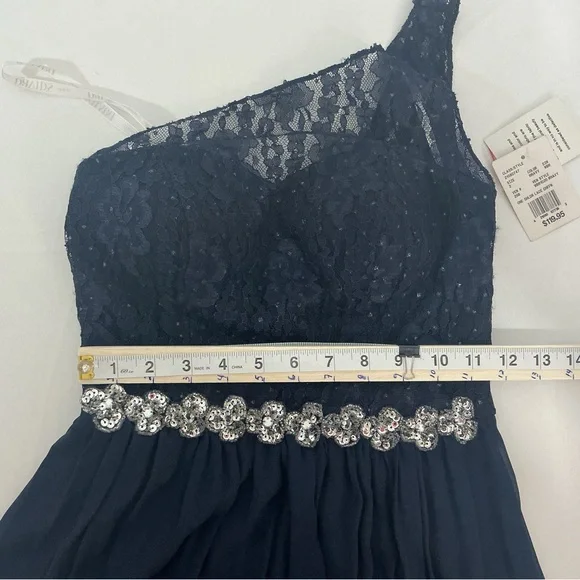 David's Bridal Navy Strapless Lace Bodice Gown with Beaded Waist - Picture 6 of 9